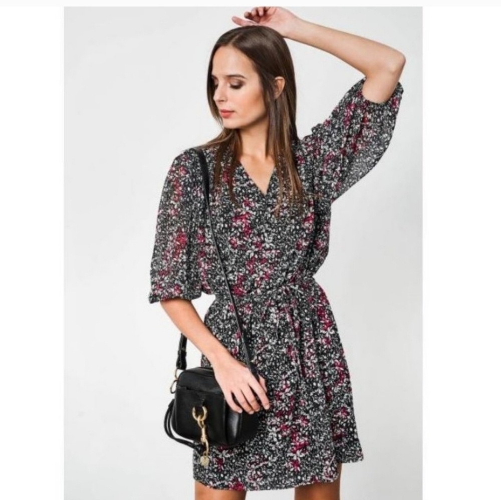 Rebecca Minkoff Blouson Dress Pink Floral With White And Black Lined XS - Picture 2 of 13